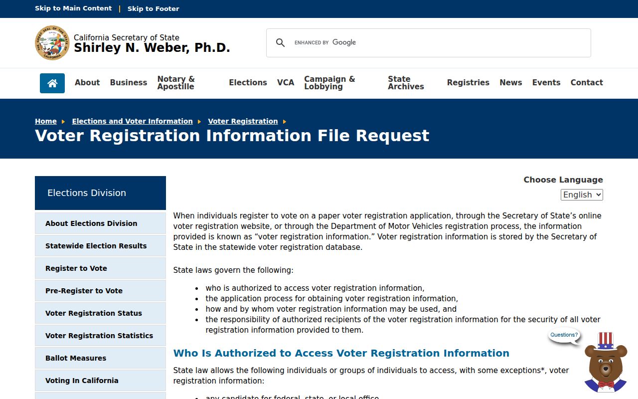 Beaumont voter registration records California voter file request page